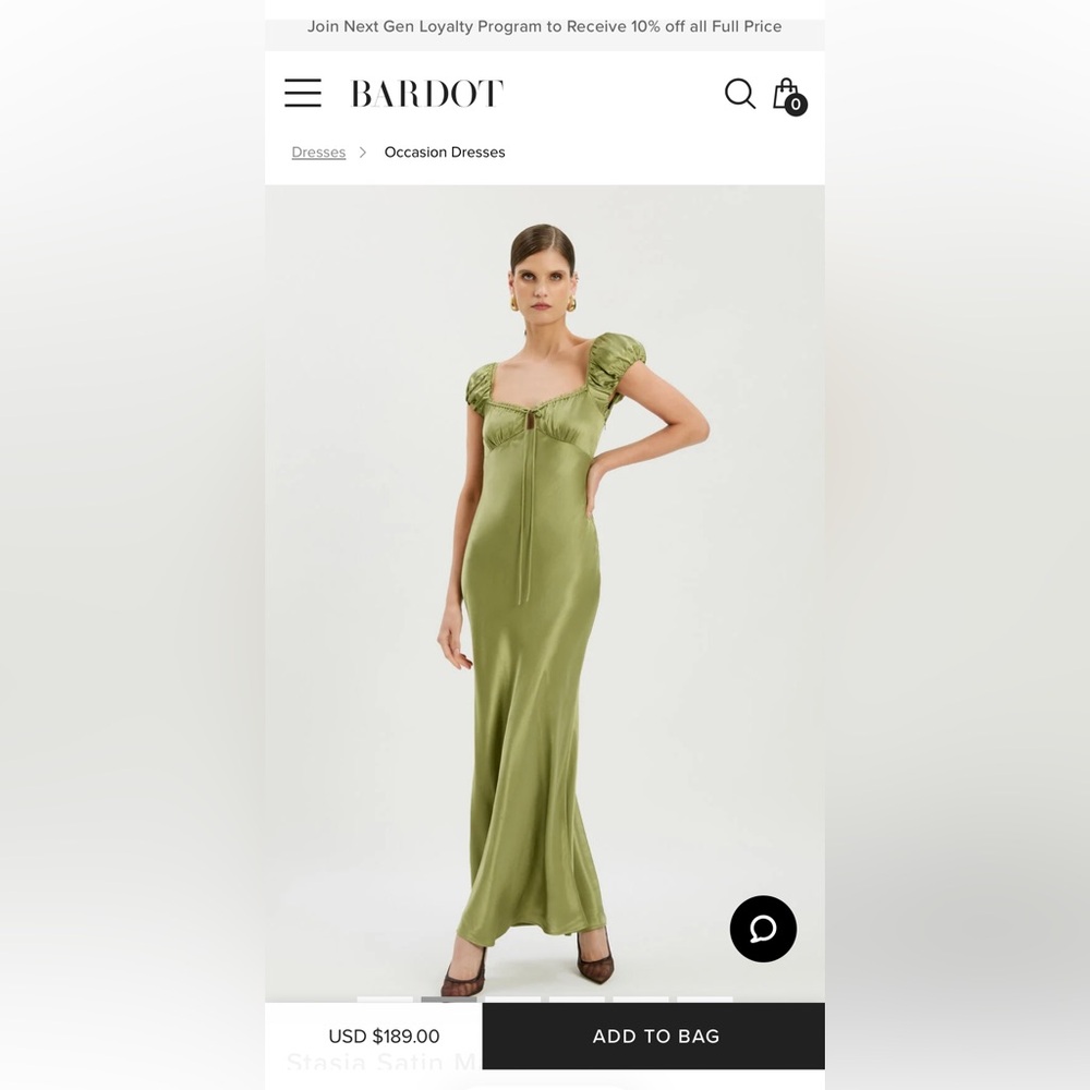 Bardot Olive Green Midi Dress with Puff Sleeves
